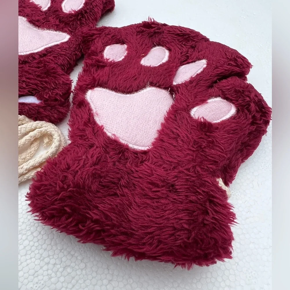 Super Soft Faux Fur Cat Bear Animal Paw Fingerless Gloves NEW Deadstock